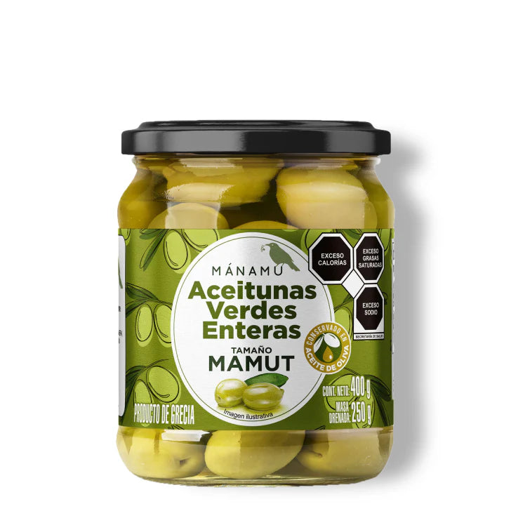 Aceitunas verdes tamaño mamut con hueso en aceite de oliva 400 g – Mánamu