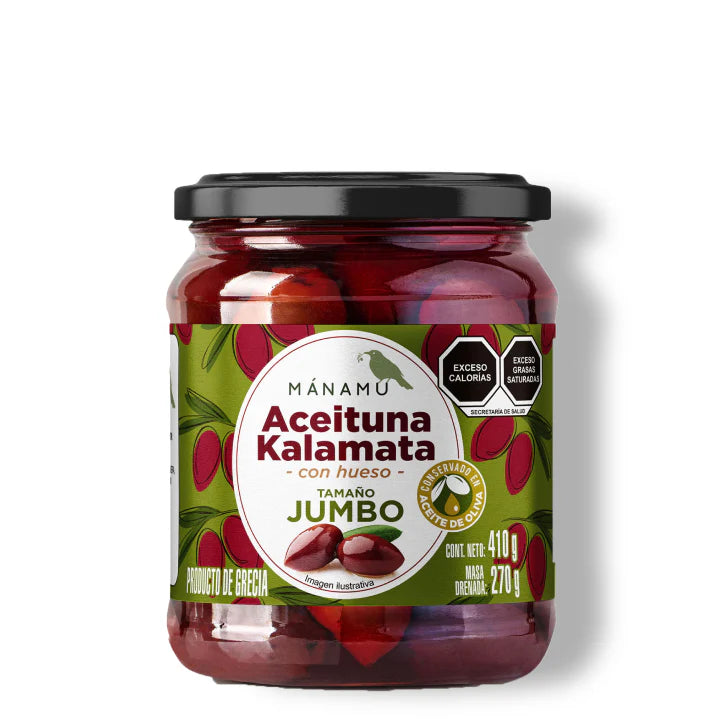 Aceitunas Kalamata tamaño jumbo con hueso en aceite de oliva premium 410 g – Mánamu