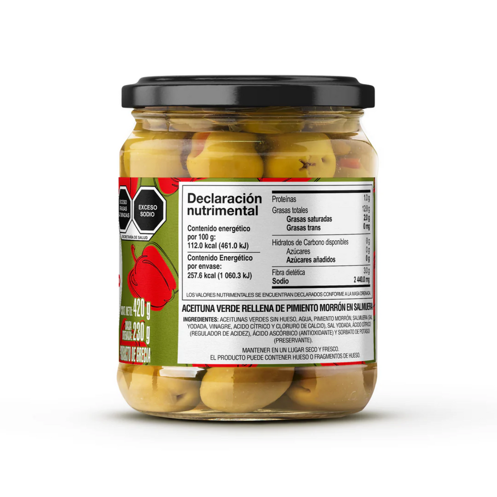 Aceitunas Verdes Rellenas de Pimiento Morrón en Salmuera 420g – Mánamu