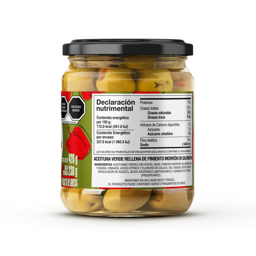 Aceitunas Verdes Rellenas de Pimiento Morrón en Salmuera 420g – Mánamu